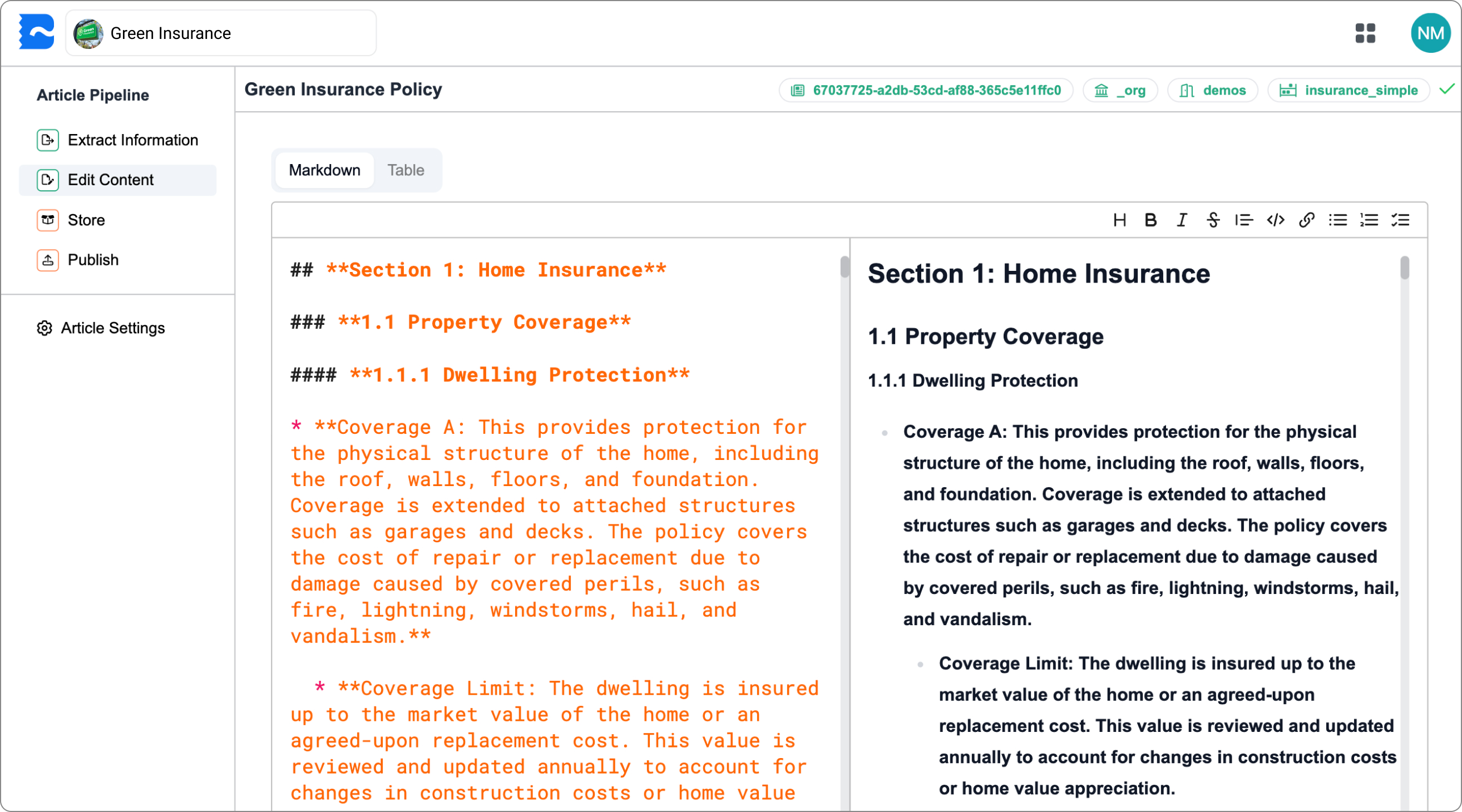 Split-view Knowledge Library editor showing markdown code and formatted preview of a Green Insurance home policy document.