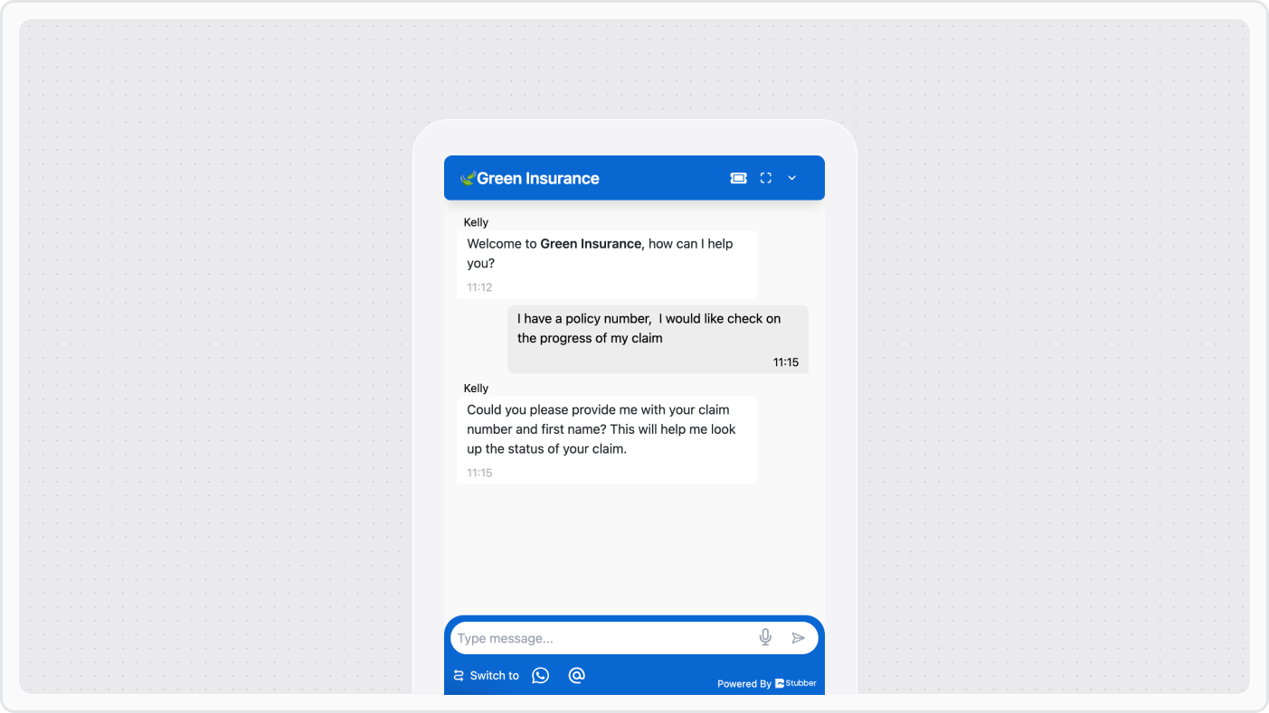 Webchat insurance conversation showing AI-powered customer service